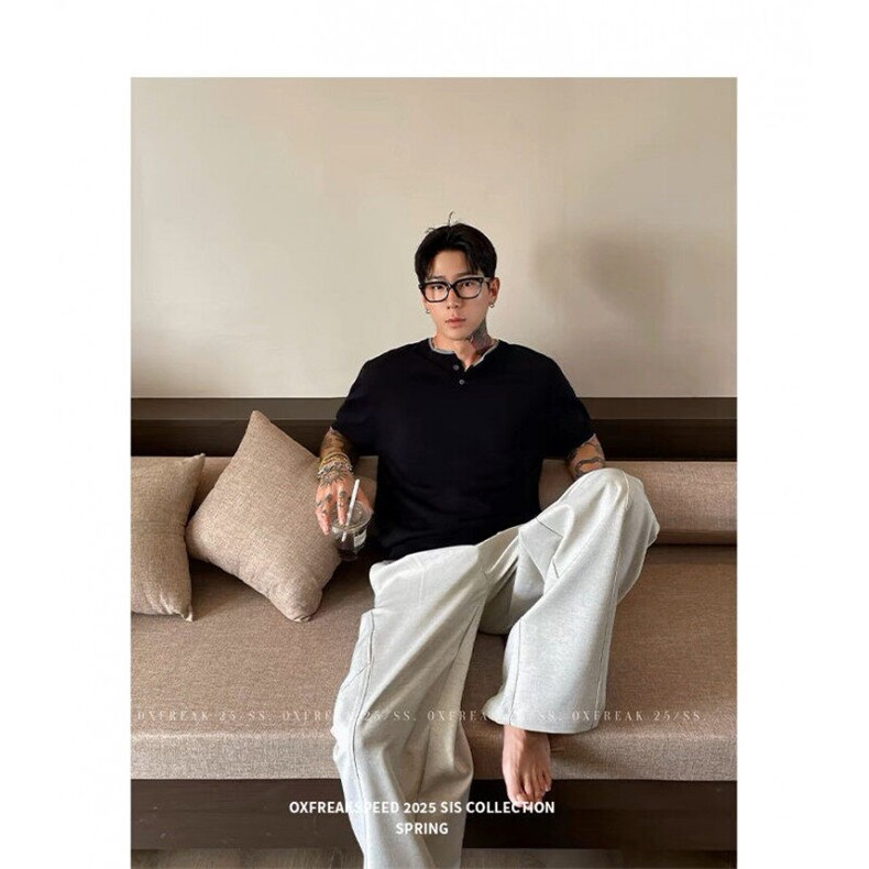 亨利领假两件针织衫短袖宽松老钱风冰丝T恤T65-P40,男装T恤,星座1212