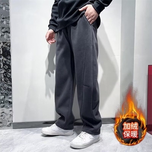 冬季新款青年结构拼接宽松加绒直筒裤男休闲抽绳弹力平口休闲裤图片