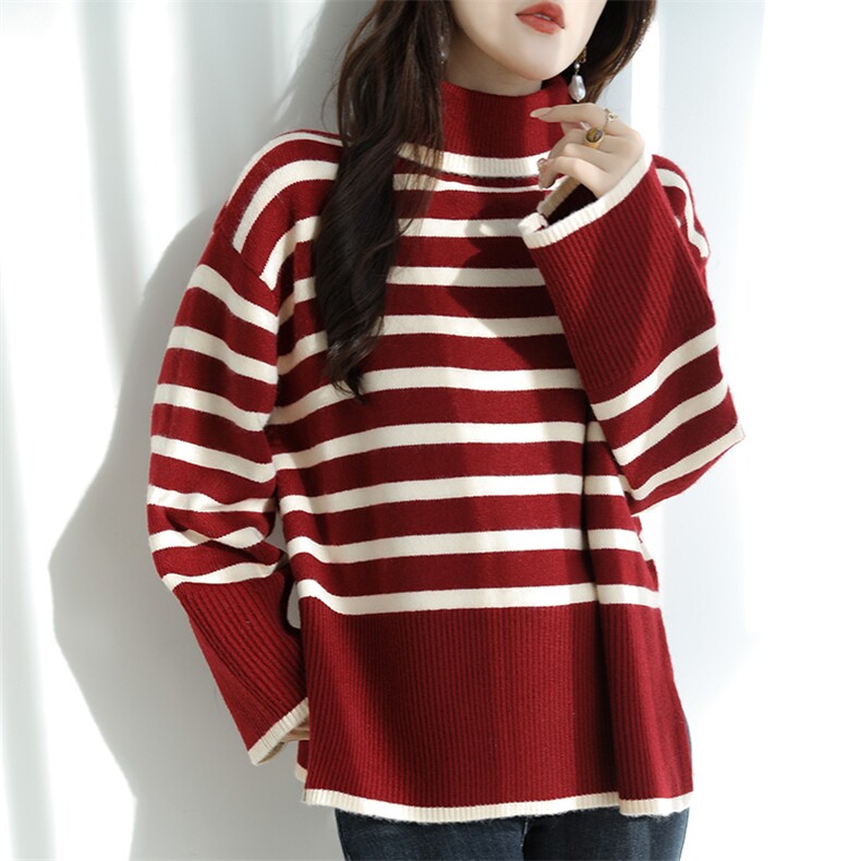 慵懒风气质~宽松条纹针织衫女加厚开叉2025秋冬新款拼色高领毛衣，女装针织衫/毛衣，特麦惠羊绒