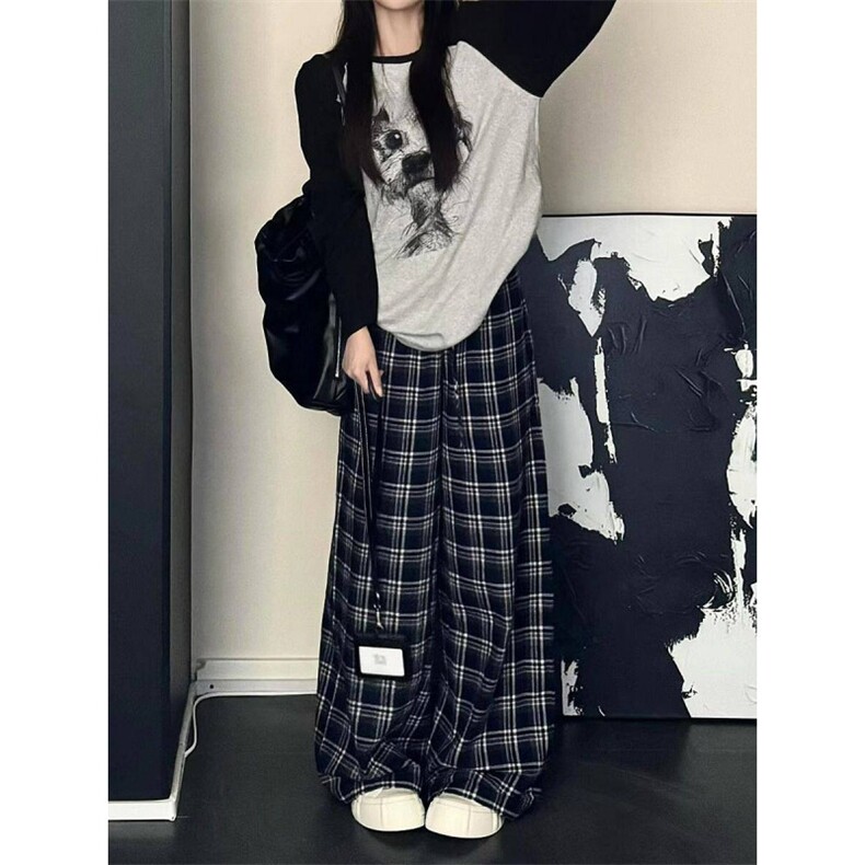 AK2445-p50蕾丝花边格子休闲裤女秋季2026新款磨毛设计宽松阔腿裤,女装休闲裤,星座617A-2