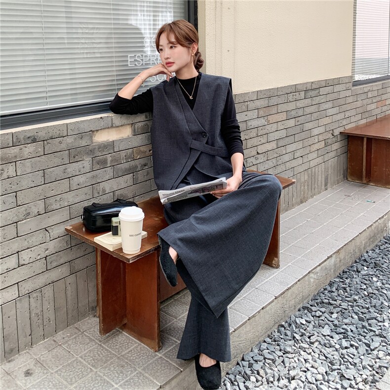 老钱风马甲+黑色打底上衣+阔腿裤三件套2C375-572-P185-K278,女装套装/套裙,2C375