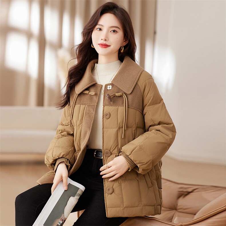 时尚牛角扣呢料拼接羽绒服中长款百搭冬装女装,女装羽绒服,衣之秀