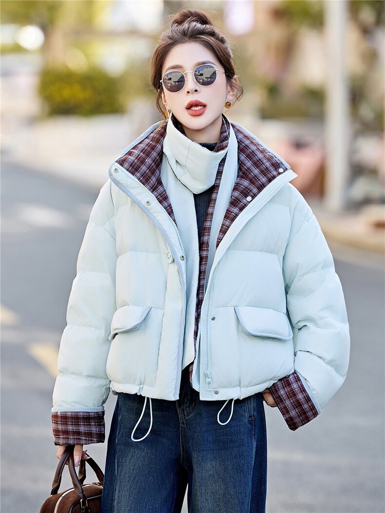 新款挂脖围巾加厚格纹拼接羽绒服2025年冬季时尚潮流,女装羽绒服,鑫鑫美