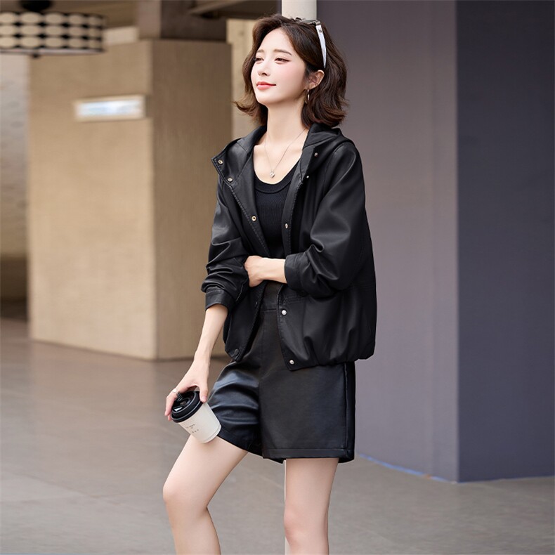 仿真皮皮衣女2024新款秋带帽休闲小个子海宁仿绵羊皮夹克外套短款,女装皮衣,美拉德工厂直营店