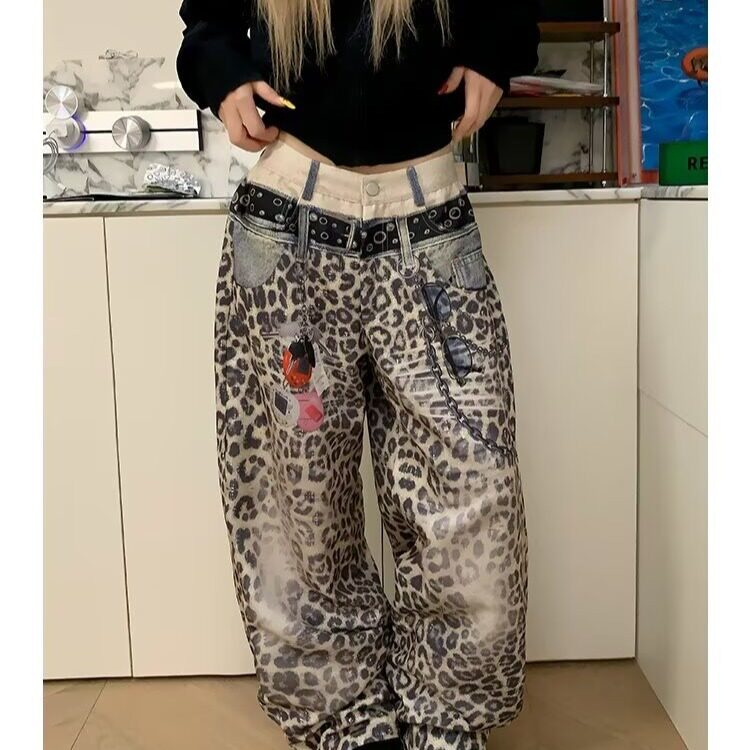 美式复古豹纹阔腿牛仔裤女2025年春秋宽松潮牌小众款垂感休闲长裤,男装牛仔裤,星座506A