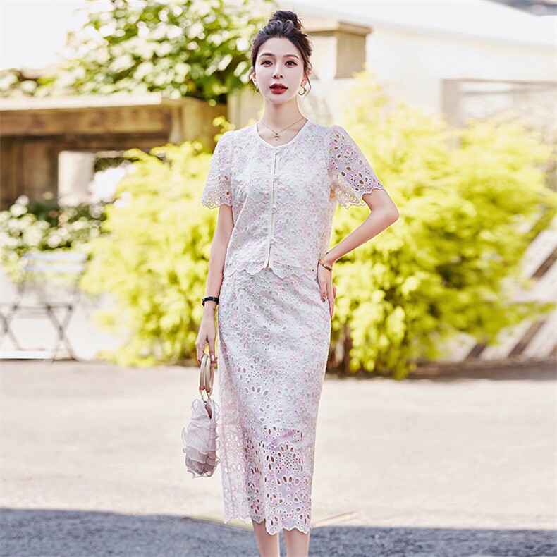 小香风刺绣蕾丝连衣裙女2025夏季新款高级感法式气质名媛两件套装,女装套装/套裙,慕依路