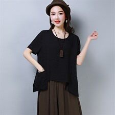 圆领口袋2021年夏季短袖中长款宽松舒适显瘦T恤套头，女装T恤，雪樱依海