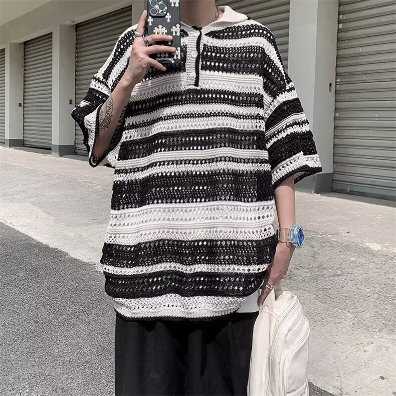 镂空拼接短袖毛衣男翻领夏季宽松Polo衫线衣针织衫MY300 P38图片