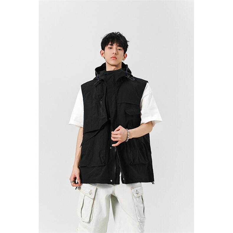 8XL-M钓鱼老外套街头机能口袋连帽防水无袖马甲坎肩JK1316P78,男装夹克,电商D206-1