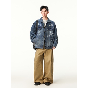 水洗牛仔外套男款春季美式痞帅上衣服宽松休闲工装夹克JK1319-P98图片