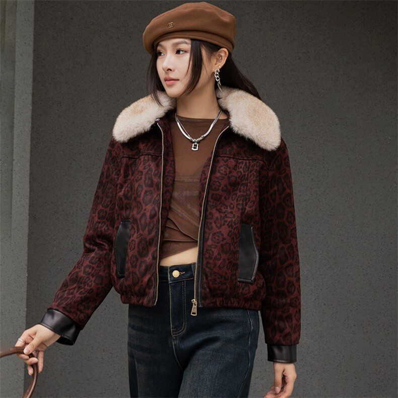高端欧货2024新款鹿皮拼接皮毛一体加绒加厚机车服豹纹外套女冬，女装羊羔毛/颗粒绒，美拉德工厂直营店