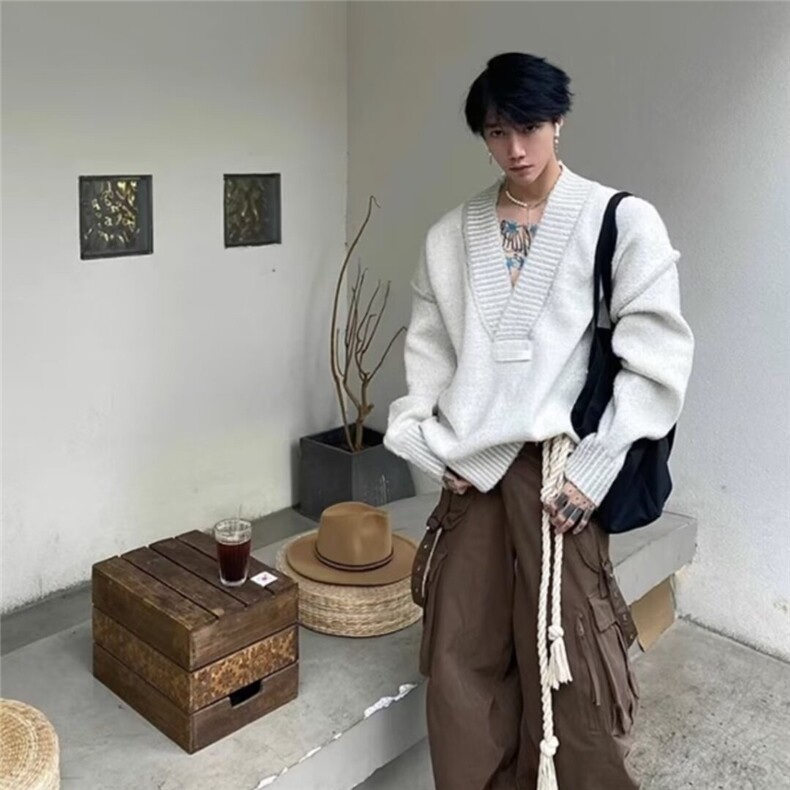 白杏色原创廓形浪漫V领设计小众oversize慵懒毛衣6318-P49网图,男装针织衫/毛衣,电商B245
