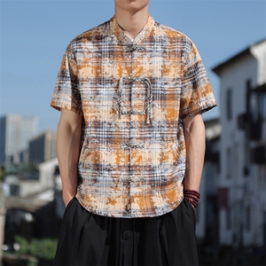 夏季新中式格纹晕染风铜扣短袖衬衫立领盘扣唐装衬衣30502图片
