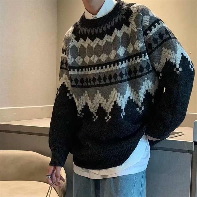 秋冬季圆领民族风毛衣男美式宽松慵懒线衣韩版潮流个性打底针织衫图片