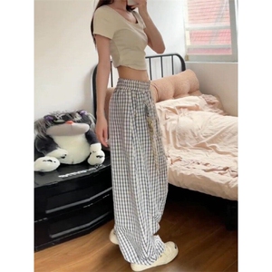 美式复古星星挂饰格子弯刀休闲裤女夏季宽松阔腿拖地裤LA2400-P48图片