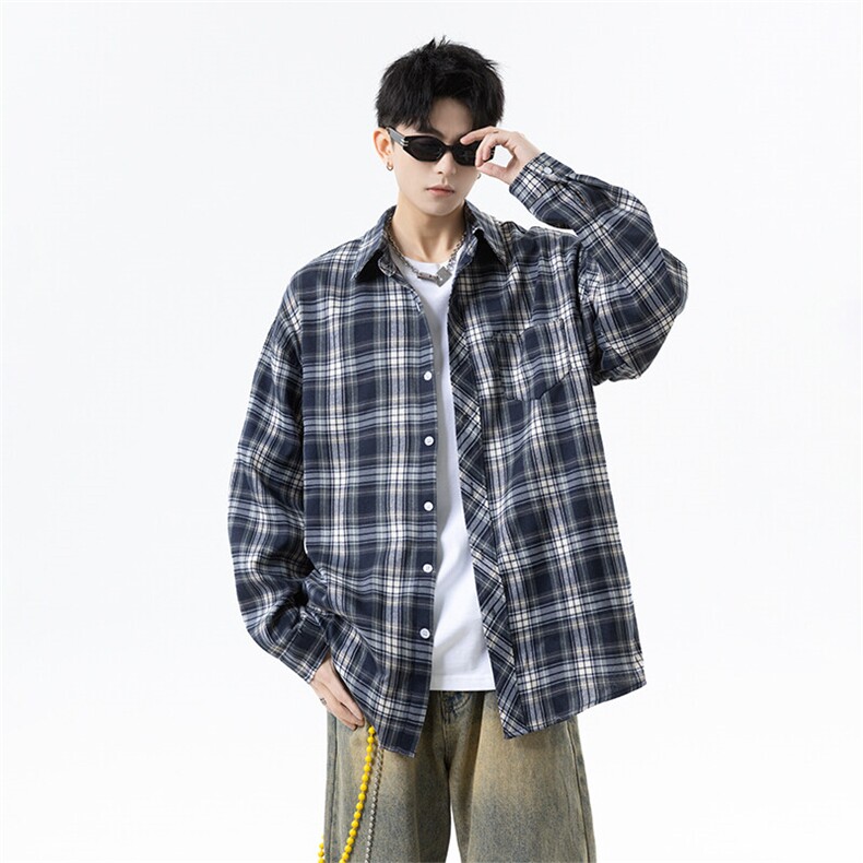 胖胖哥格子衬衫男秋季廓形大码宽松衬衣男生日系少年感休闲外套潮，男装防晒衣，电商B367