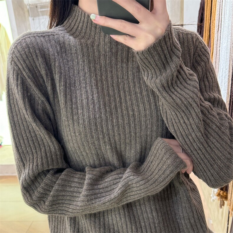 一线成衣坑条半高领女士,女装羊毛衫,朝思羊绒