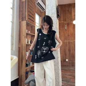 H0612-P35刺绣无袖T恤女夏季新款休闲宽松百搭上衣图片