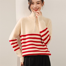 2025年秋季时尚百搭通勤简约想半拉链条纹，女装羊毛衫，锦弘羊绒