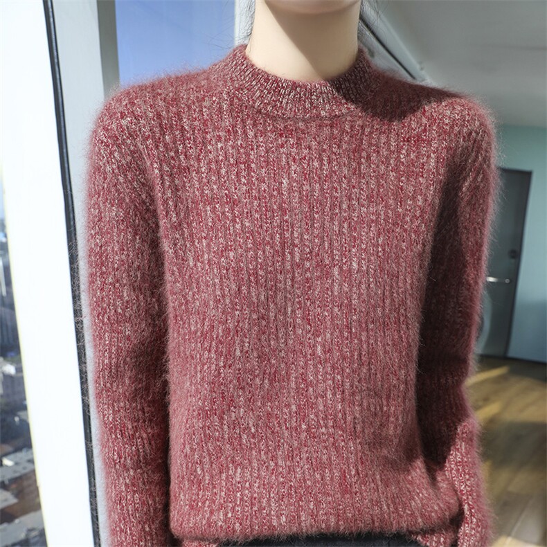 半高领花纱100%纯羊毛衫女士加厚宽松套头毛衣针织打底羊绒衫上衣,针织衫/毛衣,冬贝尔貂绒
