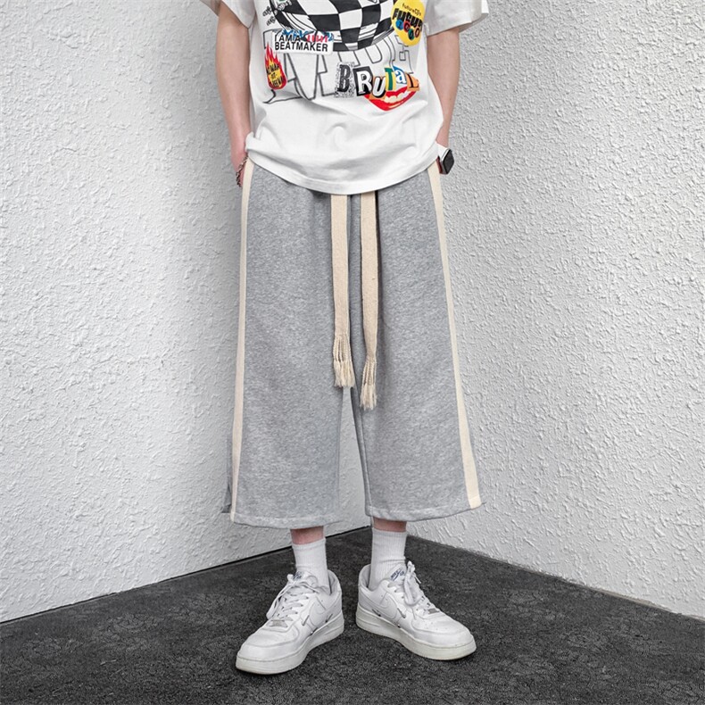 K6050/P35港风七分裤男宽编织绳卫裤开衩7分裤短裤男中裤大码控48图片