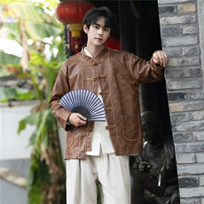 新品潮PU皮手工擦皮工艺风立领大码宽松盘扣唐装外套JK203，男装民族服装，星座305A（原312A-1）