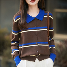 2025年秋季时尚百搭通勤简约休闲翻领条纹撞色开衫，女装羊毛衫，圣丽羊绒