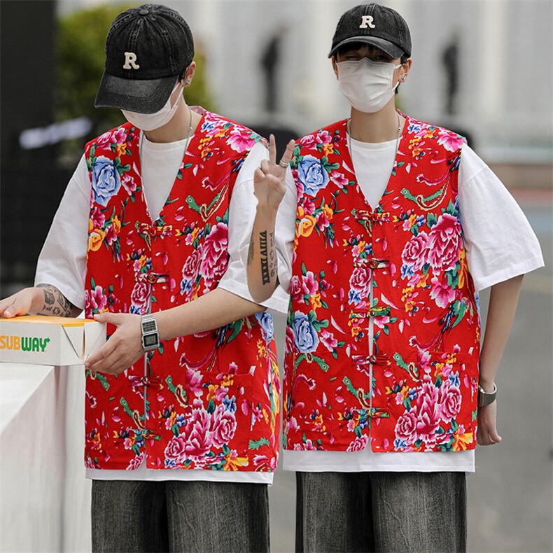 MJ03大花休闲男士风盘扣马甲大码花坎肩团队服喜庆婚礼服潮男图片