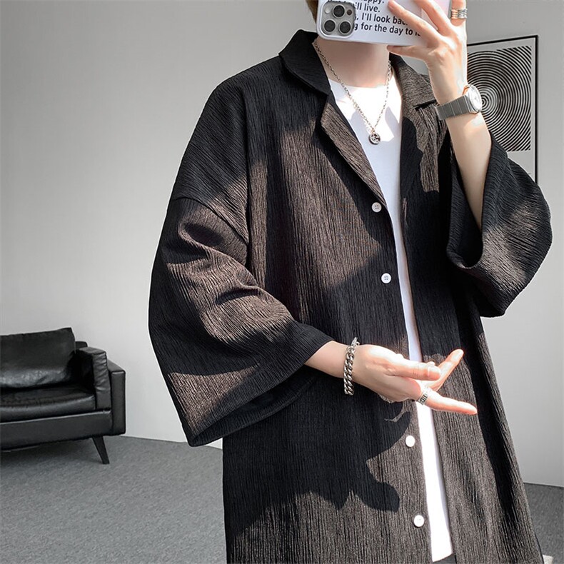 现货CS1136-P35控58新款夏七分袖戗驳领衬衫大码冰丝速干短袖,男装T恤,电商A059