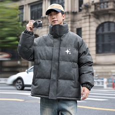 港风冬季新款棉衣男印花宽松PU皮立领面包服大码外套男MY625-P128，男装棉衣，星座505-3