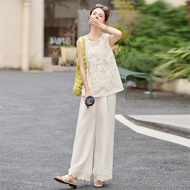2025波西米亚风格套裤亚麻蕾丝高级感,女装套装/套裙,蓝朵琳