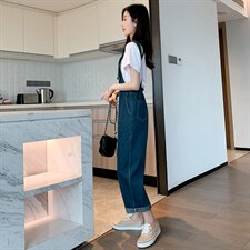 小个子桔梗背带裤女夏季洋气减龄直筒牛仔裤高腰可盐可甜阔腿裤子，女装牛仔裤，梦懿尔