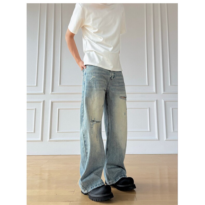 美式cleanfit夏简约宽松竹节阔腿刀割牛仔裤NA16-P56，男装牛仔裤，星座208-5
