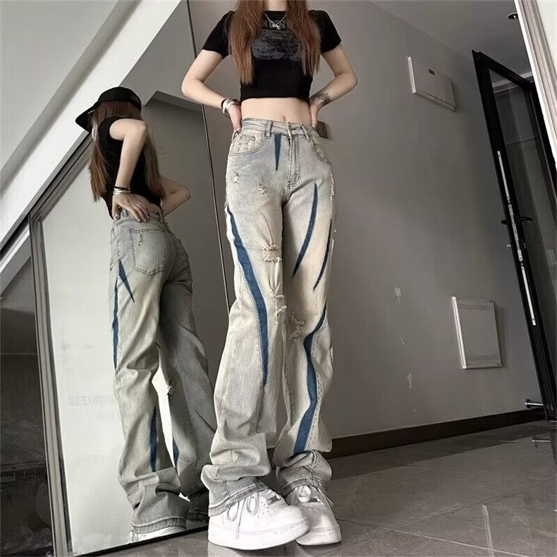 黄泥破洞牛仔裤美式复古vibe风高街裤子男水洗做旧直筒微喇工装裤,男装牛仔裤,星座506A