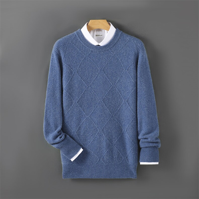 男士羊毛衫羊毛立体菱形绞花圆领长袖男装，男装羊毛衫，嘉日羊绒