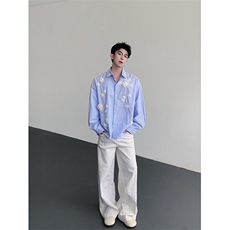 孙恩盛同款潮牌蓝色条纹长袖衬衫男夏季小众手工立体订花衬衣外套，男装衬衫，电商B288