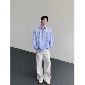 孙恩盛同款潮牌蓝色条纹长袖衬衫男夏季小众手工立体订花衬衣外套图片