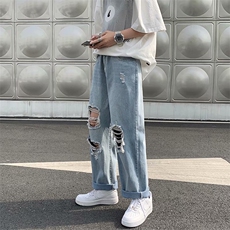 破洞牛仔裤男士潮牌ins港风夏季潮流休闲宽松直筒九分裤NK899-P42，男装牛仔裤，星座1008-2