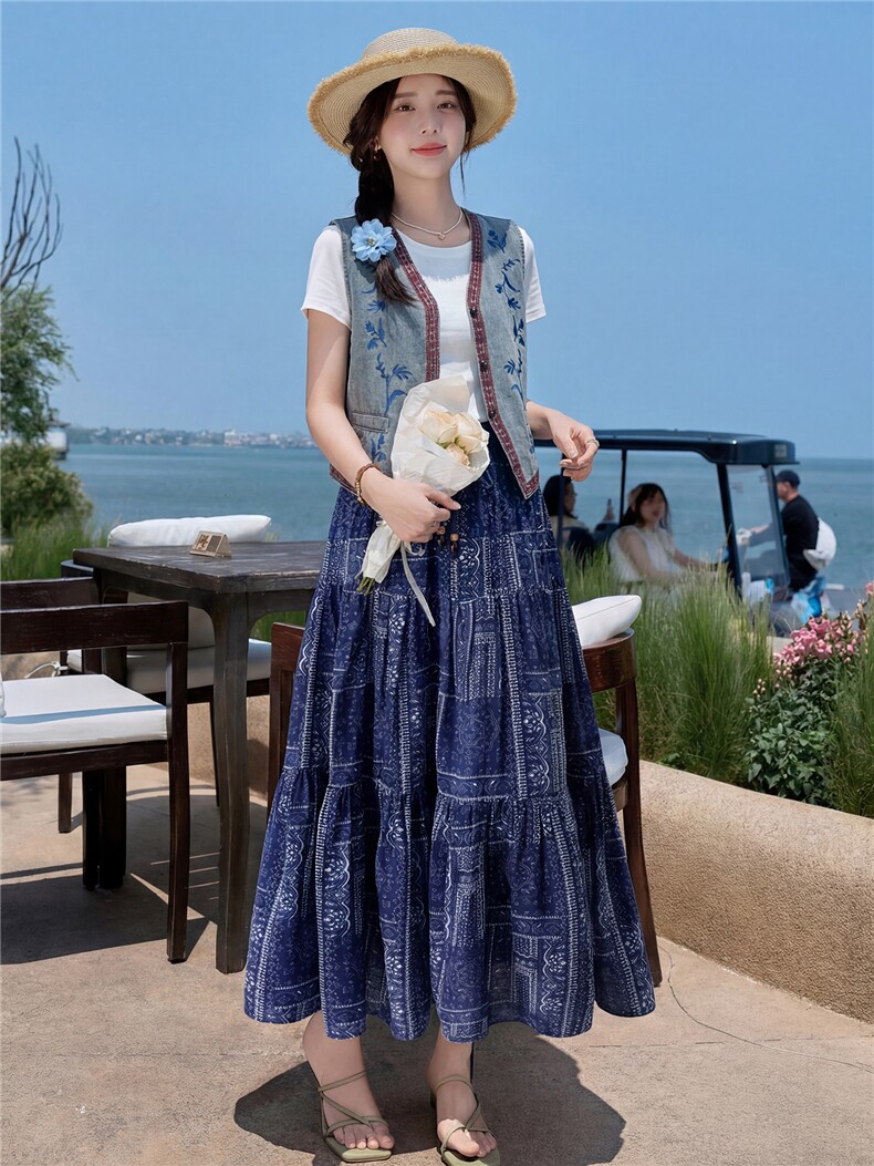 2026夏季新款复古撞色刺绣牛仔马甲+碎花大摆裙时尚二件套,女装套装/套裙,铭街依杨
