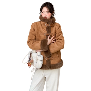 咖色复古高级感皮毛一体外套女翻领加厚麂皮绒美拉德机车服短外套图片