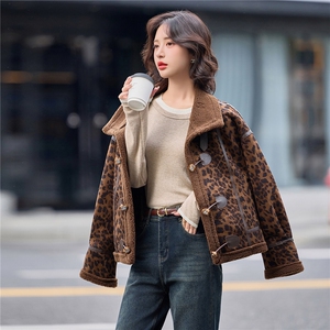皮毛一体豹纹短款外套女2025冬季加绒加厚保暖洋气麂皮绒夹克上衣图片