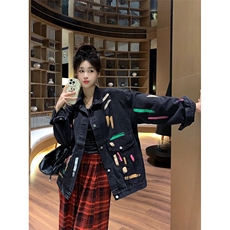 彩色涂鸦牛仔外套春秋新款大码胖MM设计感小众宽松休闲夹克上衣，男装工装外套，星座601-1