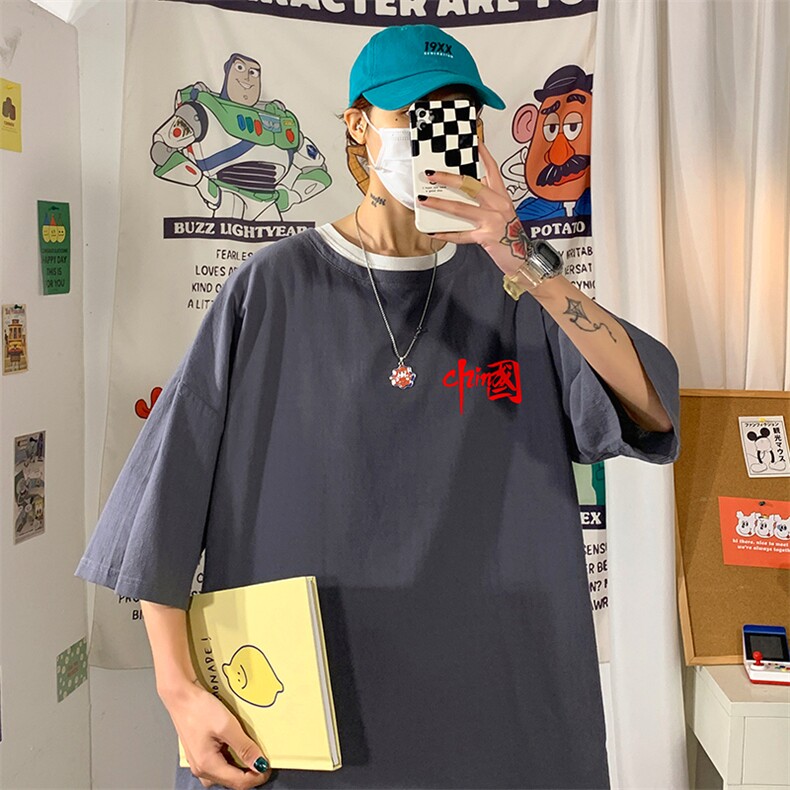 YT26276-P30亚麻短袖t恤男大码五分袖男宽松七分袖海报风,男装T恤,电商A040