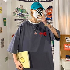 YT26276-P30亚麻短袖t恤男大码五分袖男宽松七分袖海报风，男装T恤，电商A040