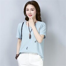 2021年夏季新款女装大码纯棉刺绣T恤女短袖韩版宽松休闲上衣服潮，女装T恤，简韵佳