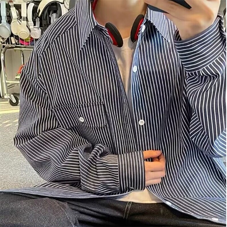 【有货】DBC02-P35日系条纹衬衫男春季情侣装宽松休闲长袖衬衣服,男装衬衫,星座603-2