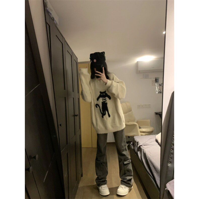 MM146-P68学生秋冬宽松百搭针织日系甜美可爱猫咪提花套头毛衣,针织衫/毛衣,星座617A-2
