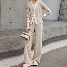 时尚修身显瘦假两件套装女2024春装长袖T恤+高腰阔腿长裤两件套，女装套装/套裙，江南女神