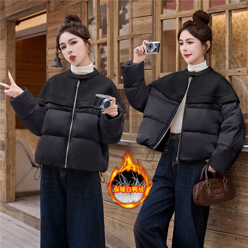设计感气质毛呢拼接羽绒服女2025冬季新款短款外套减龄,女装羽绒服,玖莱伊