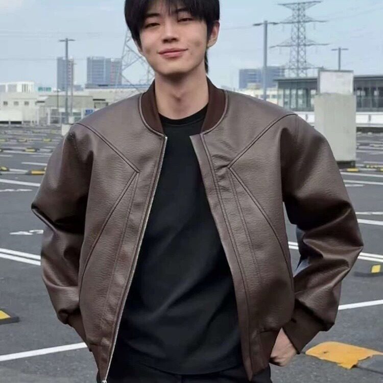 J515-P73男士棒球领短款皮衣夹克2025春秋季新款时尚休闲,男装夹克,电商B323A
